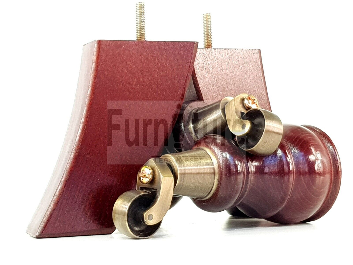 2 Wooden Castor Furniture Sofa Legs & 2 Curved Back Feet  Mahogany M8 Chair Settee Feet 160mm High