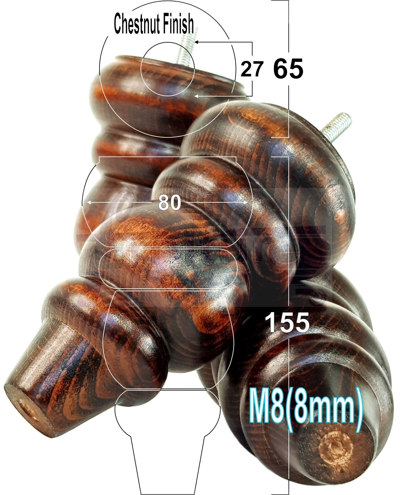 4 Solid Turned Wood Furniture Sofa Leg M8 Chair Settee Footstool Feet 155mm High