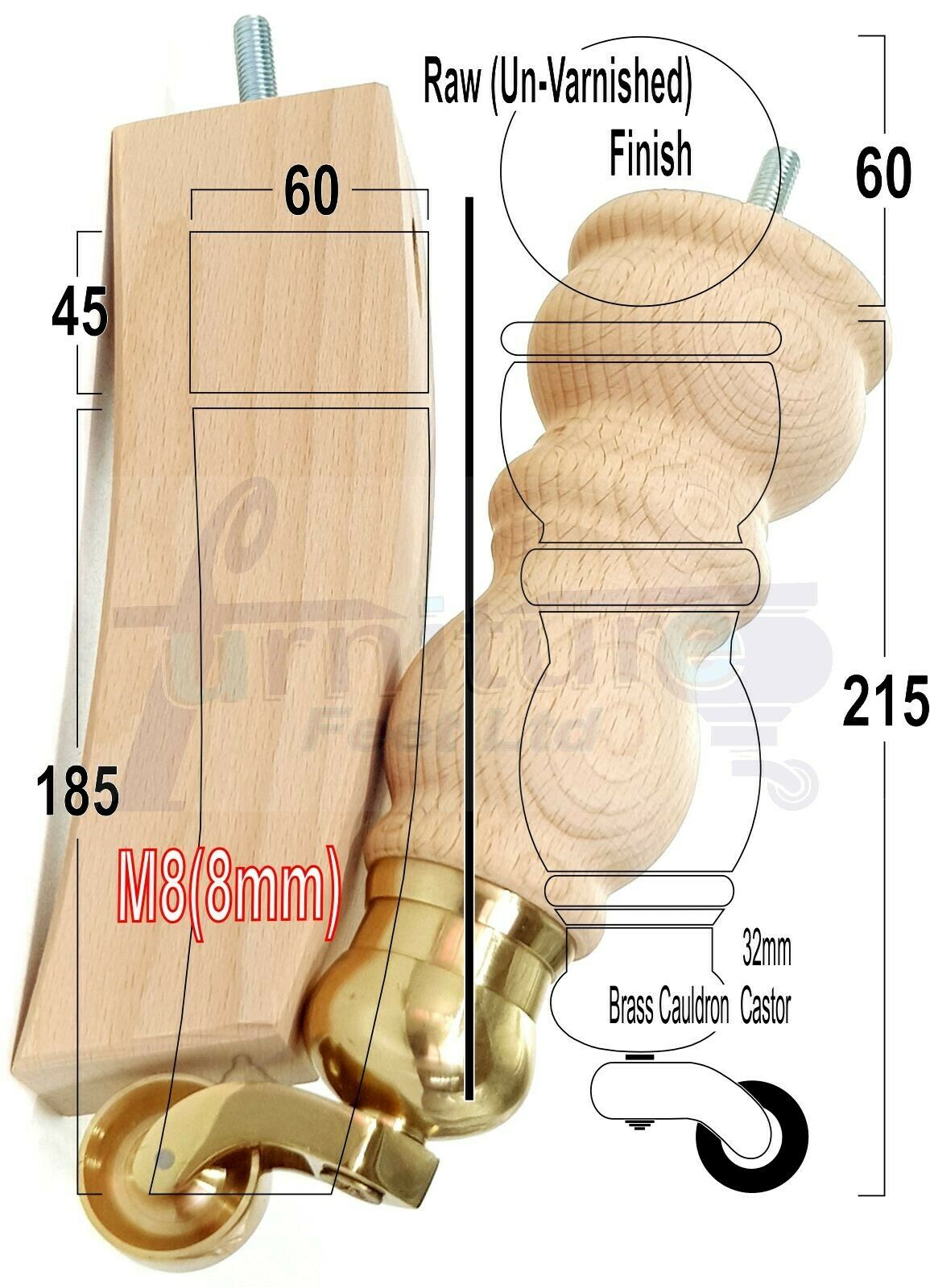 2x Wood Furniture Castor Settee Feet & 2x Curved Legs 8mm Thread 205mm High Raw (Un-Varnished) For Sofas Chairs Stools Cabinets & Beds