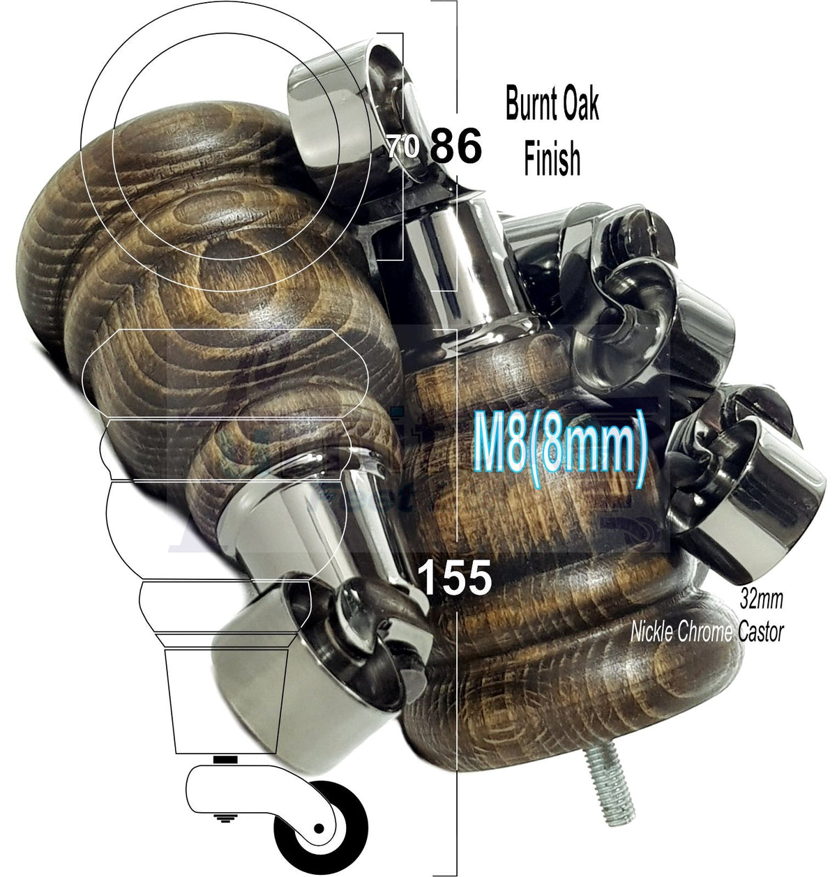 4 Turned Wooden Replacement Furniture Legs with Castors 6 Inch 155mm High Sofa Feet M8 Dowl Fixing - Black Castor