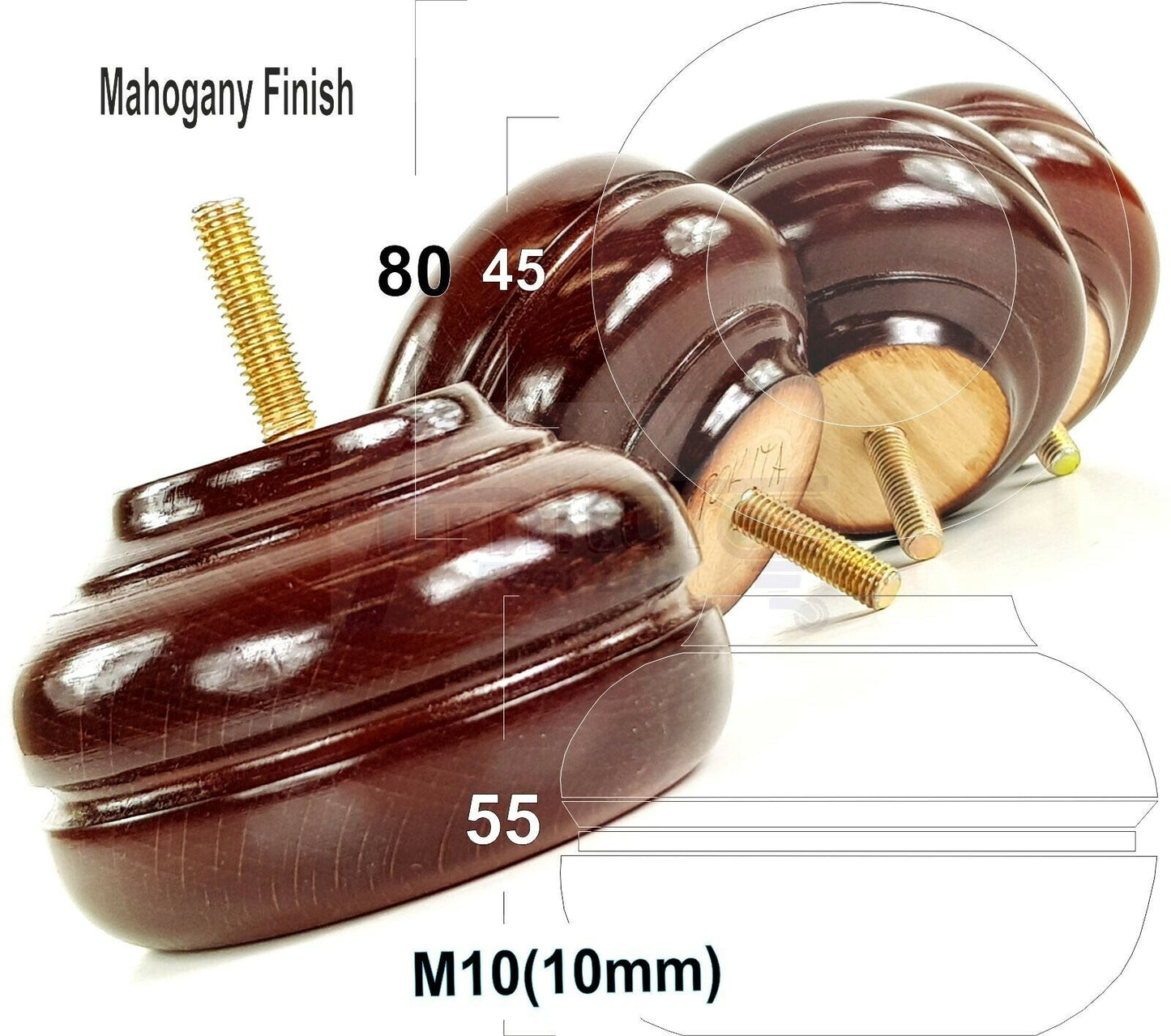 4 Wood Turned Replacement Furniture Legs Sofa, Chair, Settee Feet 55mm High M10 Thread