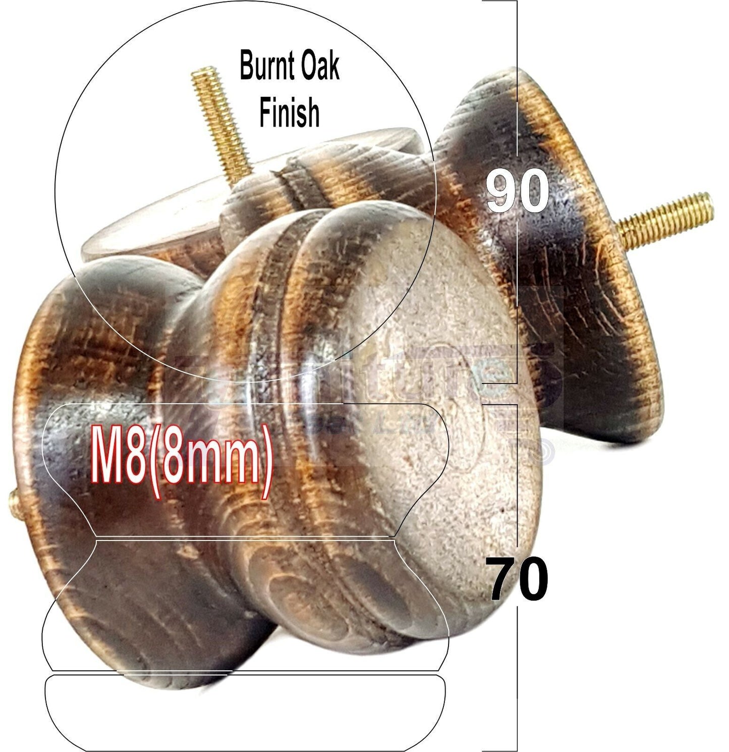 4x Turned Solid Wood Furniture Legs Replacement Bun Feet 70mm High 8mm Thread