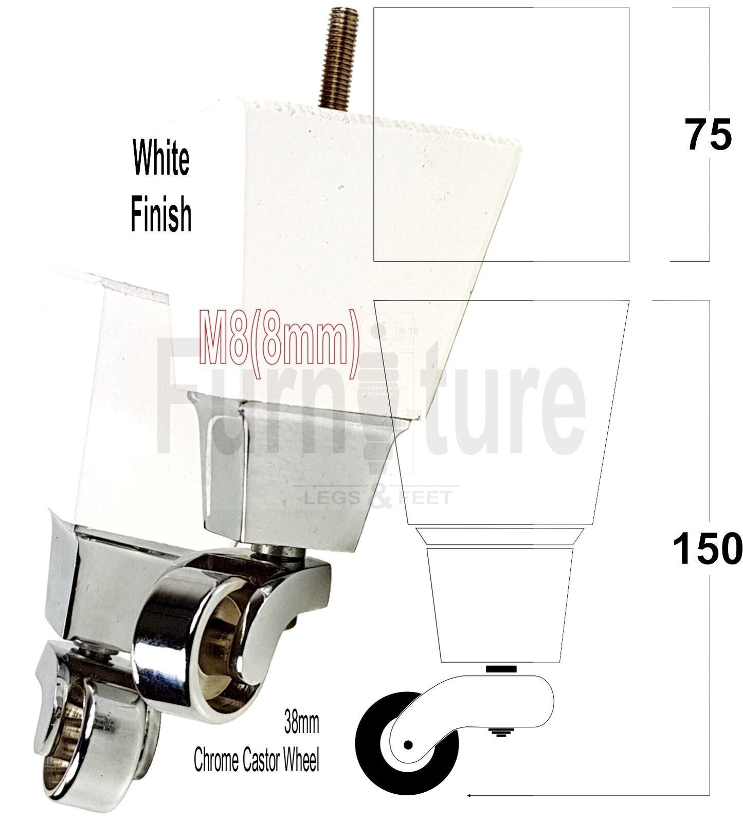 4x Block Wood Furniture Legs With Chrome Castors For Sofa Chairs Settees 8mm Thread 150mm High