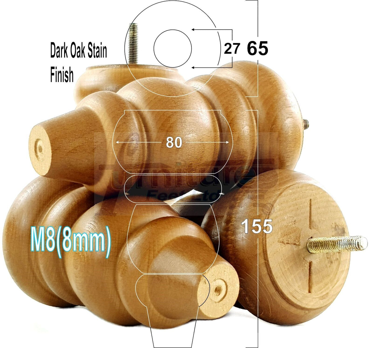4 Solid Wood Turned Furniture Legs Round Repalcement Chair, Settee Feet 155mm 8mm Thread