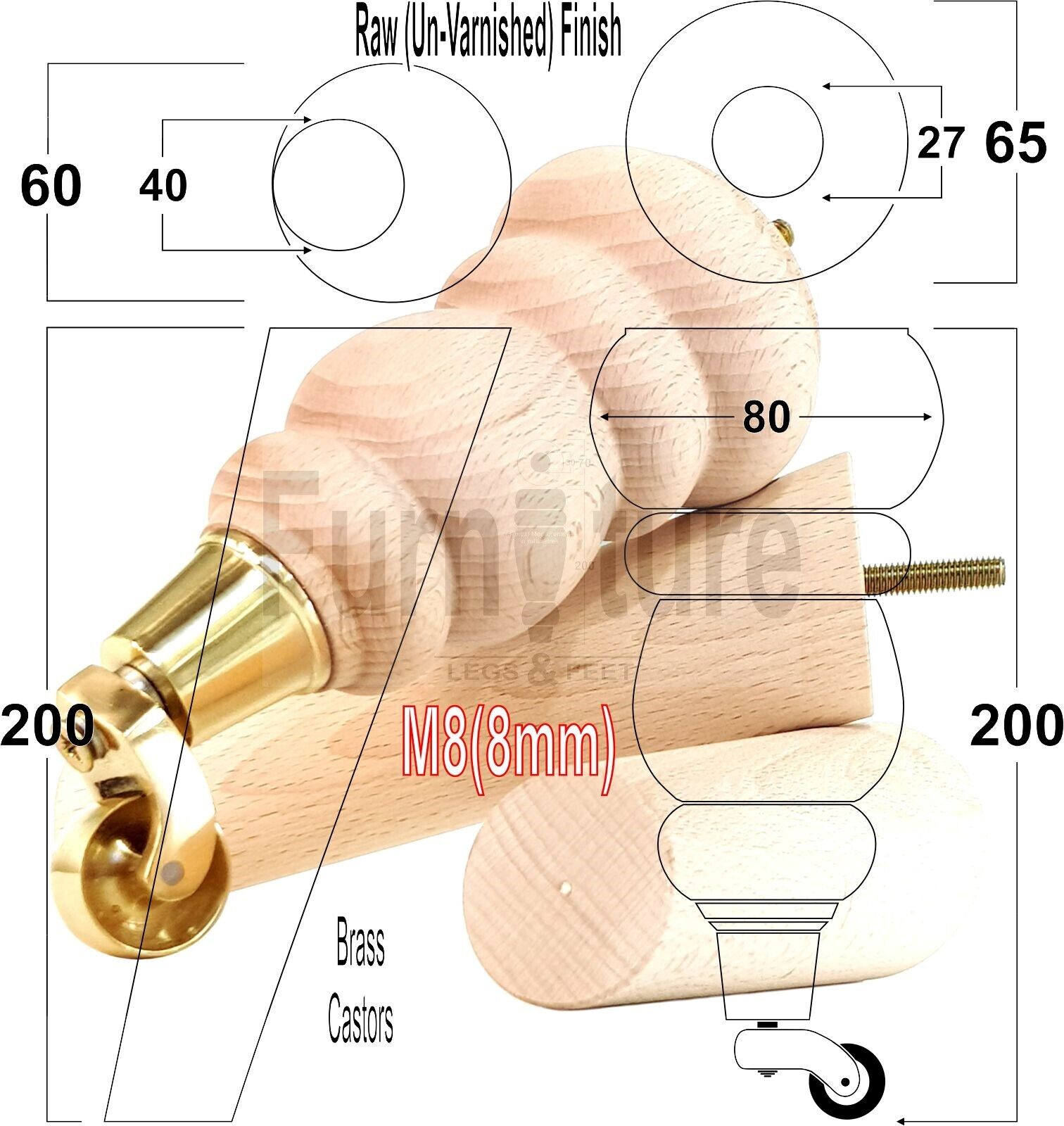 2x Furniture Brass Castor Legs & 2x Angled Solid Wooden Feet M8 Chairs Sofa 200mm High