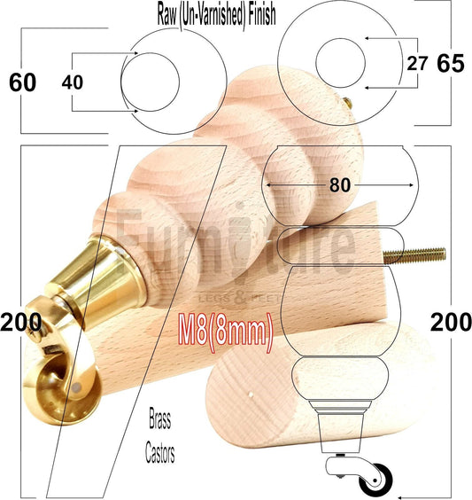 2x Furniture Brass Castor Legs & 2x Angled Solid Wooden Feet M8 Chairs Sofa 200mm High