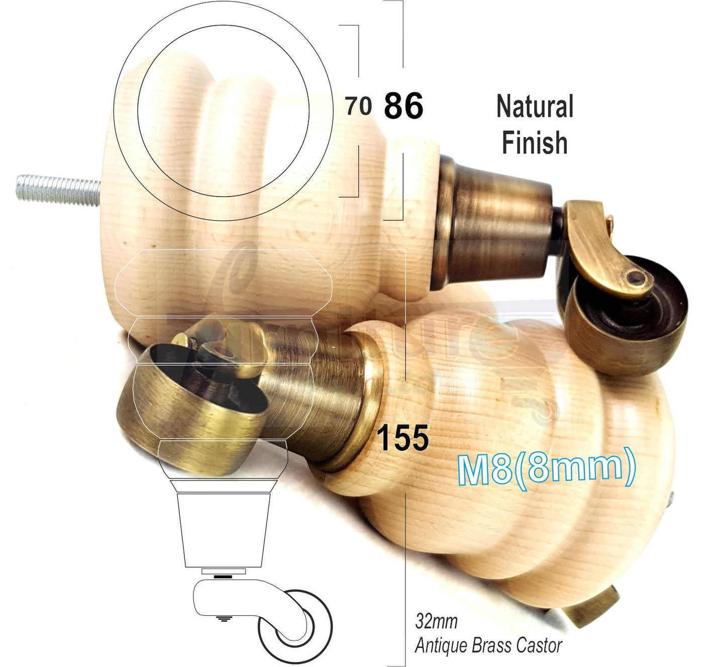 4 Turned Wood Furniture Feet With Antique Brass Castors 155mm Legs Sofas Chairs Stools Cabinets Beds M8 6 Inches