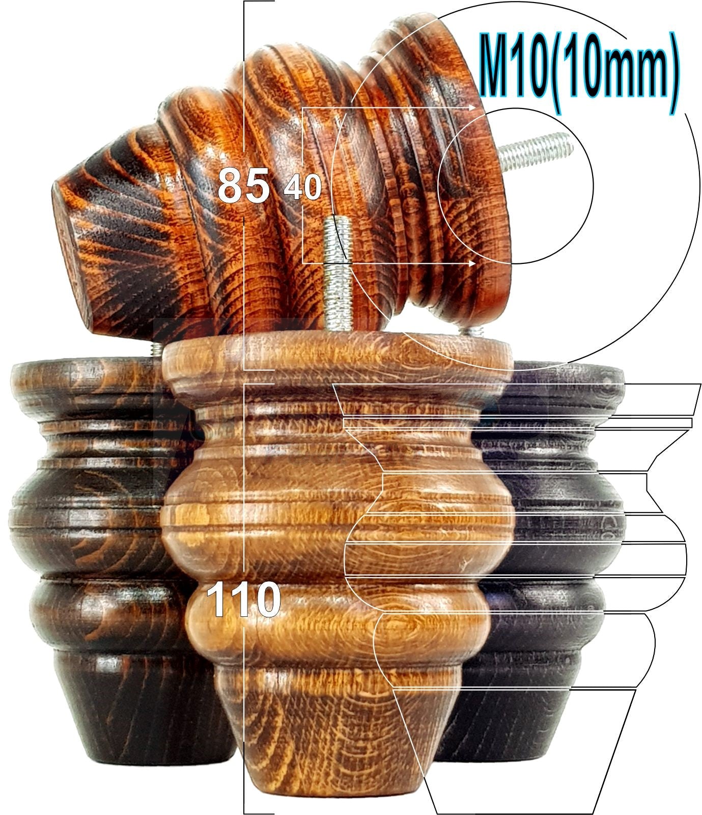 4 Turned Wood Furniture Legs Replacement Feet 110mm High Chairs Stools Sofa's Beds Settee M10 Thread