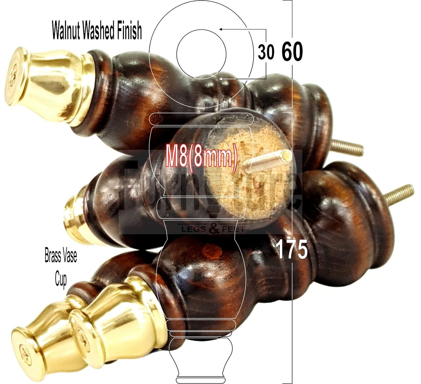 4x Furniture Feet With Slipper Cup 175mm High Legs Dark Walnut Finish Wood M8 Sofas Chairs Cabinets