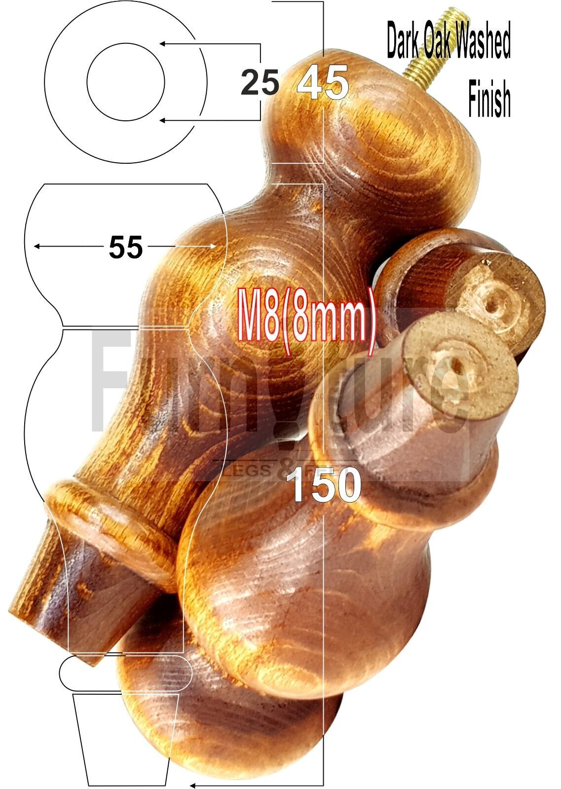 Set Of 4 Solid Wood Turned Furniture Feet Replacement Legs 150mm High 8mm Thread