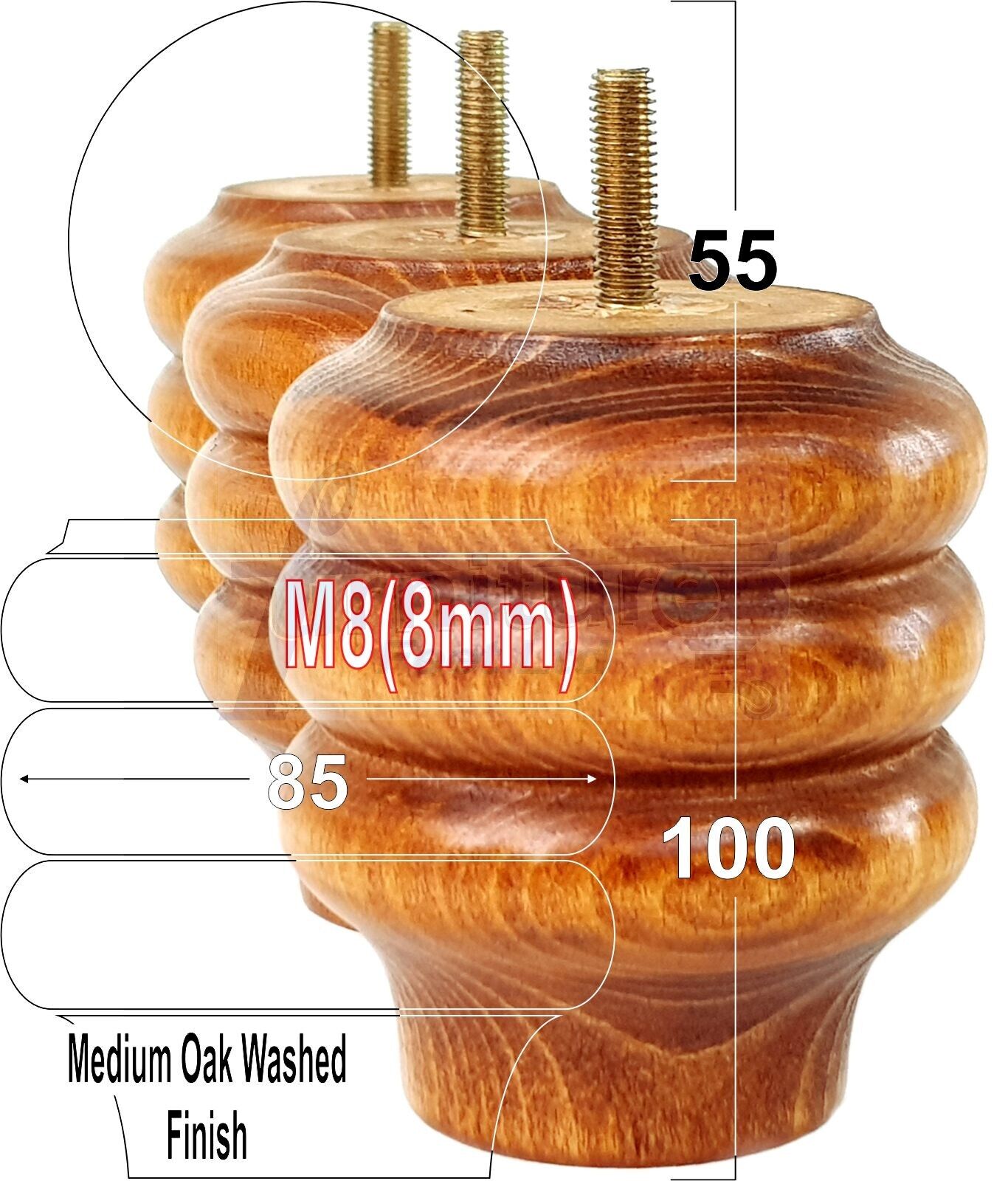 Set Of 4 Solid Wood Turned Furniture Legs Replacement Bun Feet 100mm High 8mm Thread