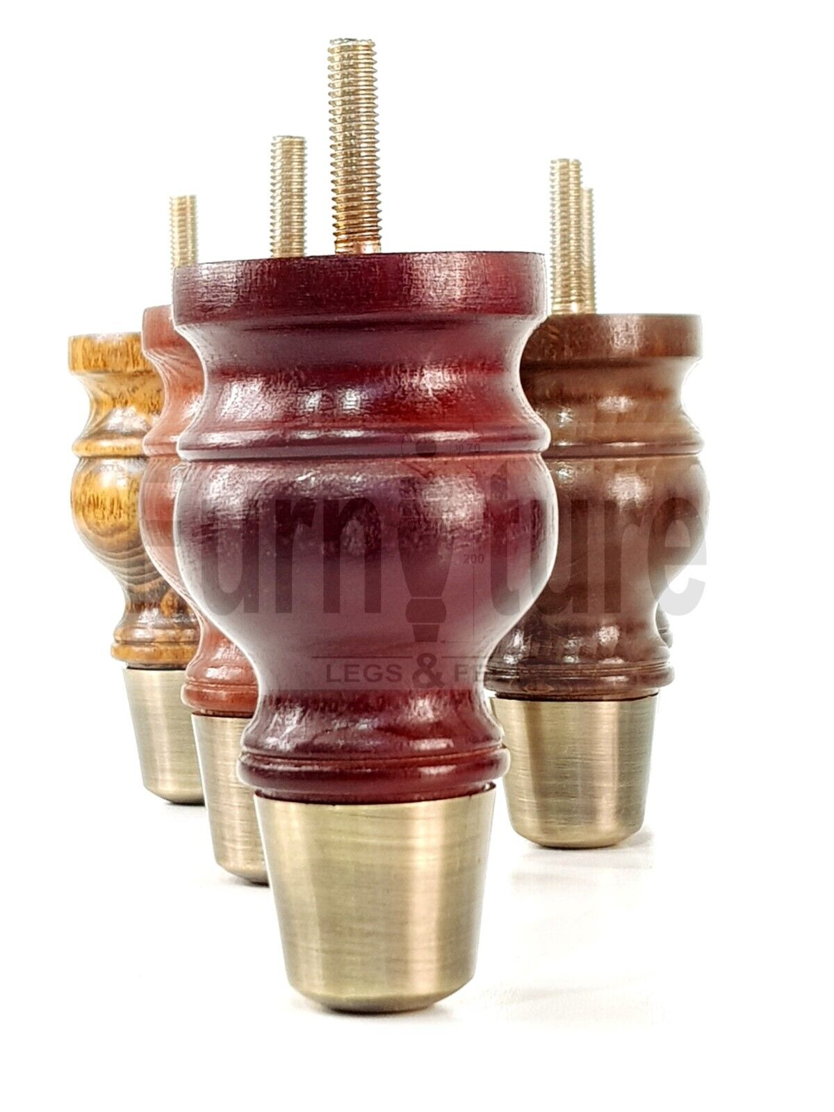 4x Turned Wood Furniture Feet Antique Brass Slipper Cup M8 Chair Sofa Settee Legs 110mm