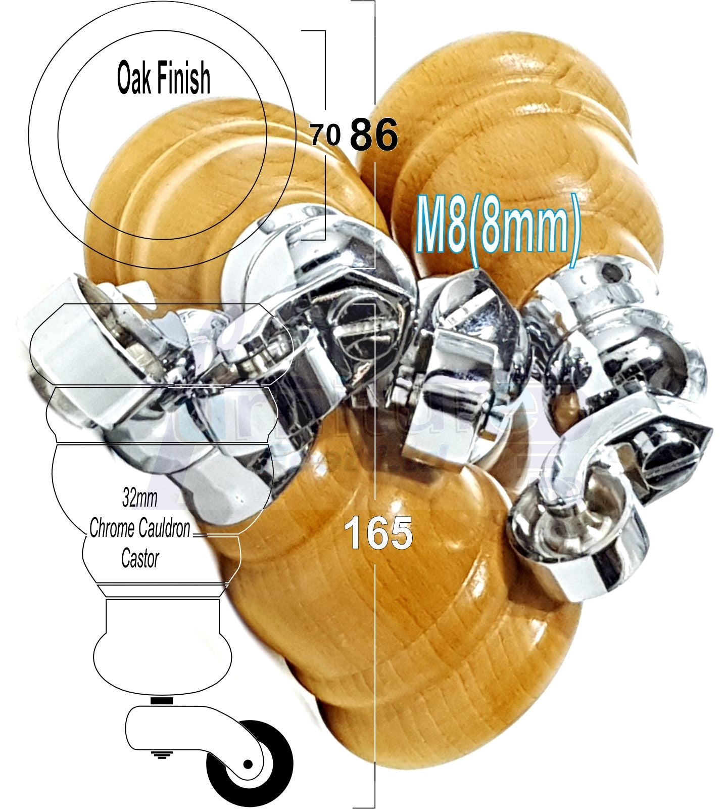 4 Turned Wood Furniture Feet With Chrome Cauldron Castors 155mm Legs Sofas Chairs Stools Cabinets Beds M8 6 Inches