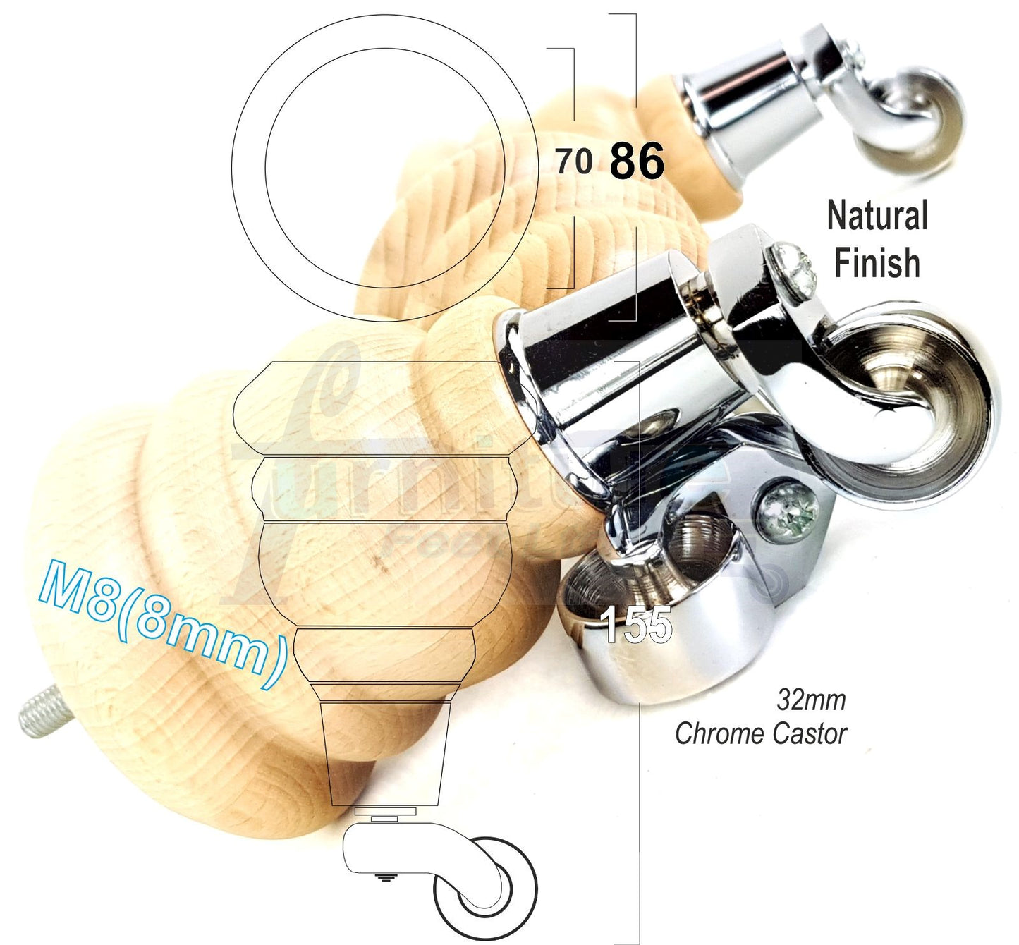 4 Turned Wood Furniture Feet With Chrome Castors 155mm Legs Sofas Chairs Stools Cabinets Beds M8 6 Inches