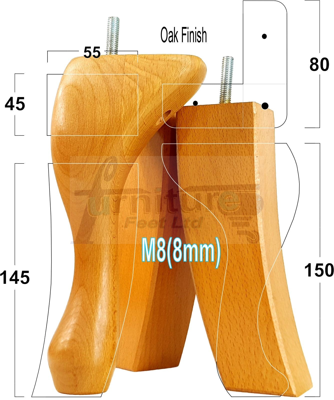 2x Vintage Queen Anne Replacement Furniture Legs & 2x Curved Back Feet 150mm 6 Inch High 8mm Thread