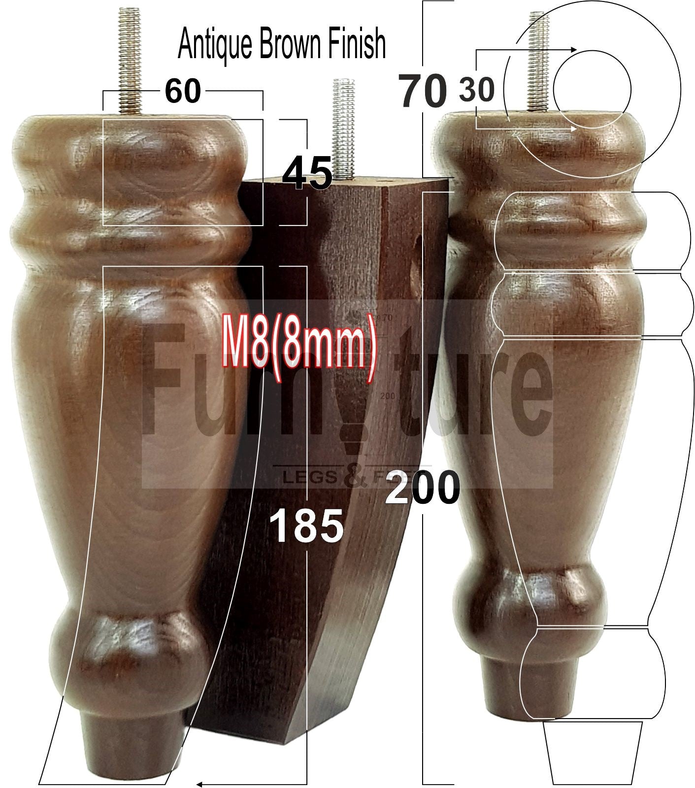 2 Traditional Turned Furniture Feet Replacement Sofa Legs 200mm & 2 Curved Back Legs 185mm for Chairs Stools Sofa Beds Settee Cabinets M8