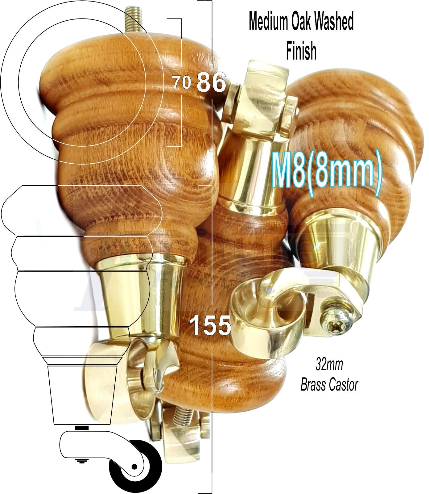 4 Turned Wood Furniture Feet With Brass Castors 155mm Legs Sofas Chairs Stools Cabinets Beds M8 6 Inches