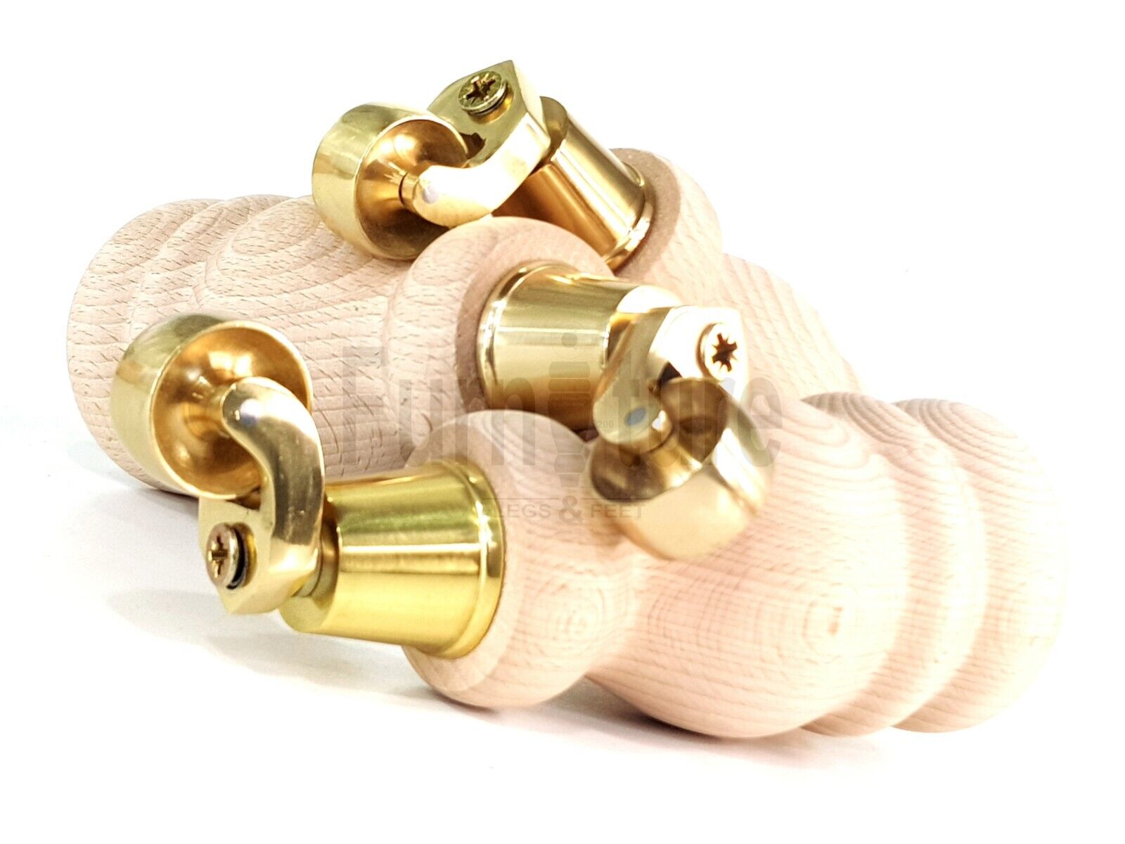 Set Of 4 Wooden Turned Replacement Furniture Legs 200mm High With Brass Castor Wheels 8mm Thread