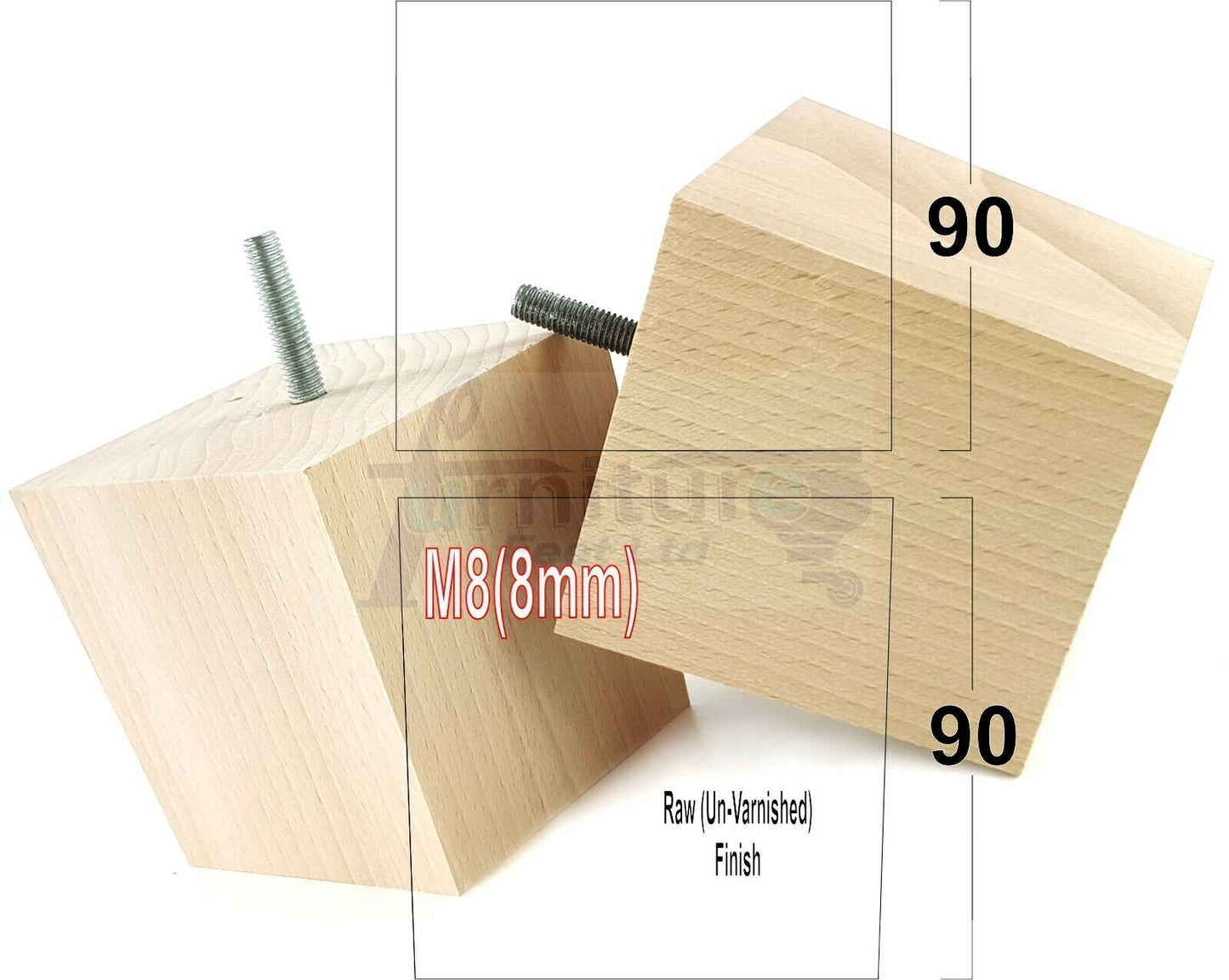 4x Solid Wood Square Feet Replacement Block Legs 90mm High Furniture Chairs Stools Sofa Beds Settee Cabinets 8mm Thread