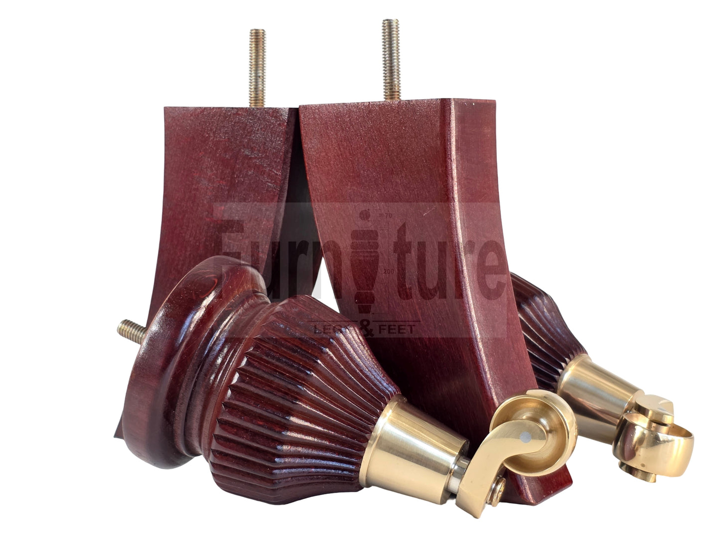 Solid Wood Furniture Replacement Legs 6 Inches with Castors and Back Feet 155mm High M8 Dowl Fixing - Mahogany Finish
