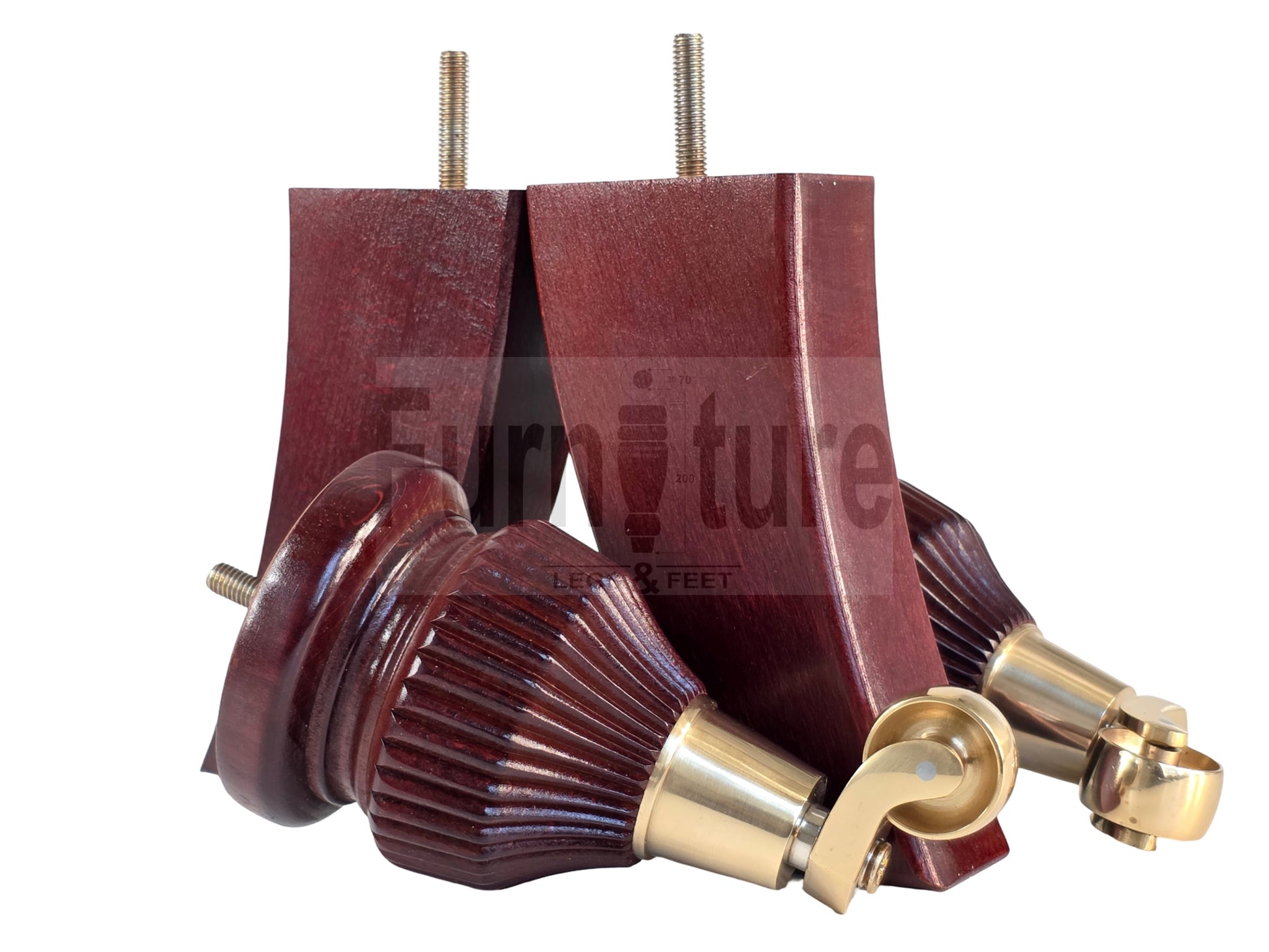 Solid Wood Furniture Replacement Legs 6 Inches with Castors and Back Feet 155mm High M8 Dowl Fixing - Mahogany Finish