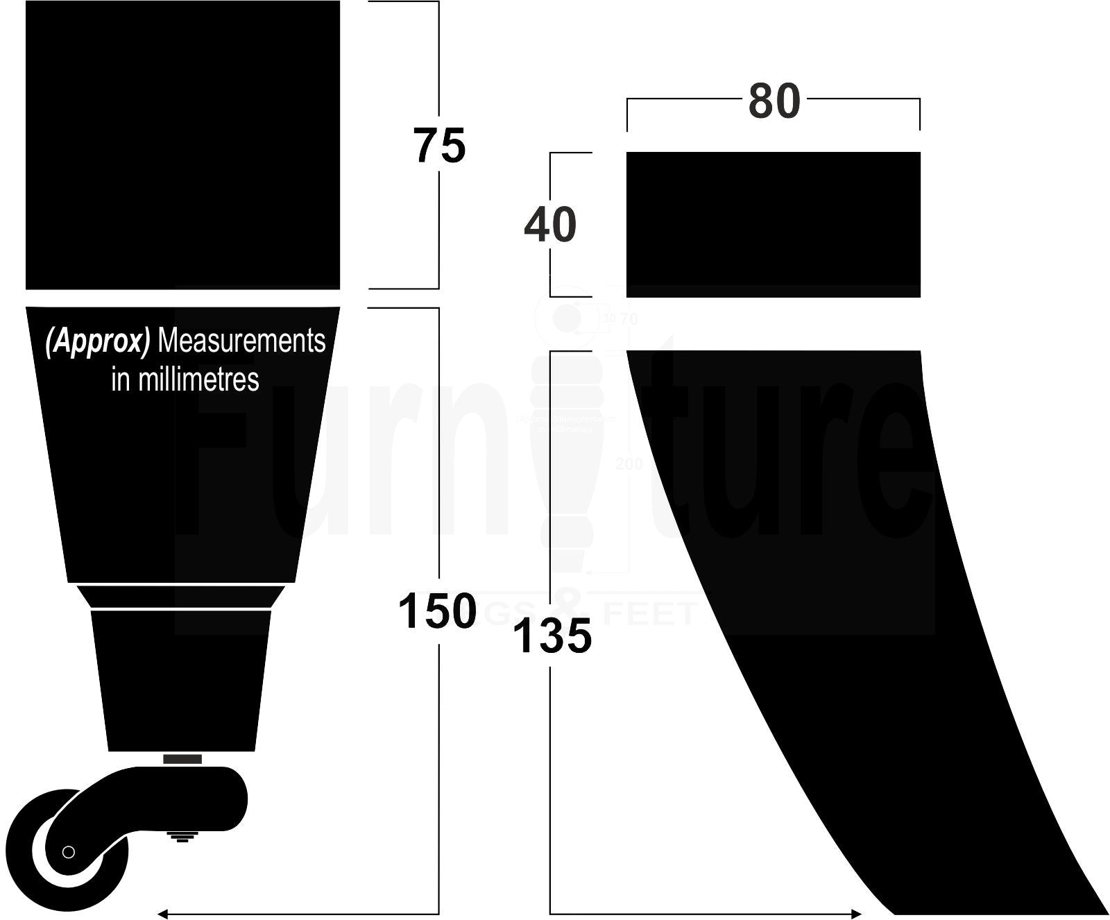 4x Block Wood Furniture Legs With Castor 8mm Thread For Chairs Settees Sofa 150mm High