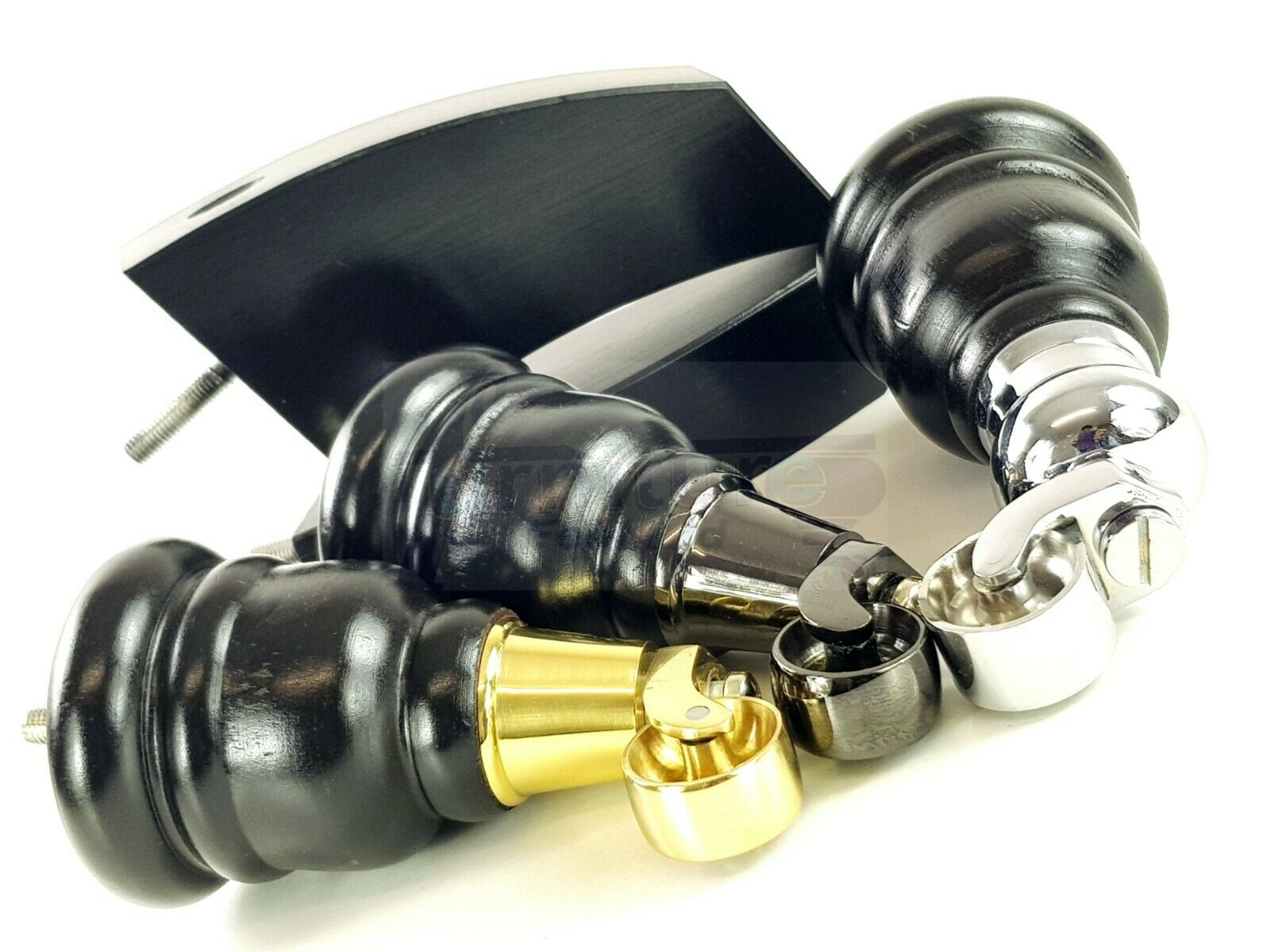 Black Turned Wood Furniture Feet 2 With Castors 155mm and 2 Curved Back Legs Sofas Chairs Stools Cabinets Beds M8 6 Inches