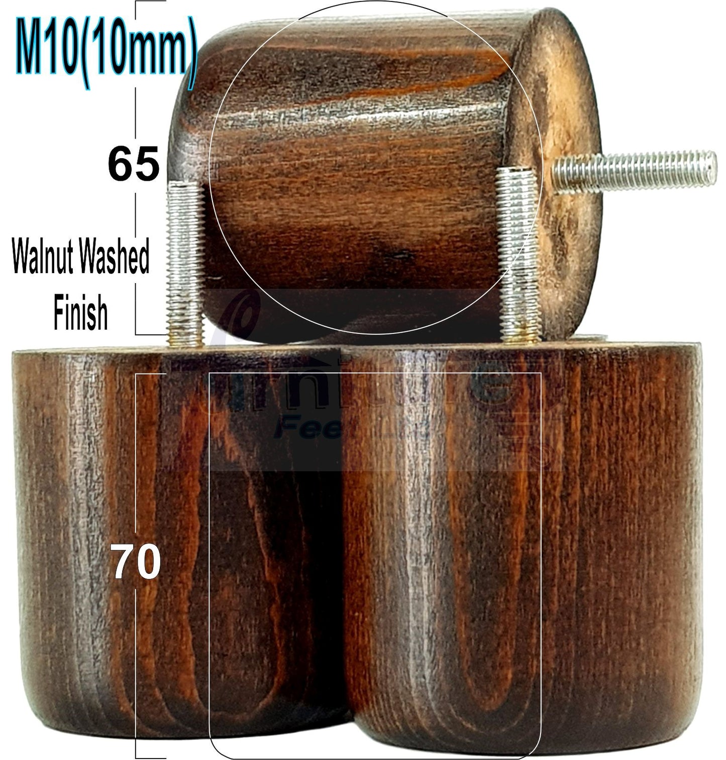 4x Solid Wood Turned Furniture Legs Replacement Bun Feet 70mm High 10mm Thread