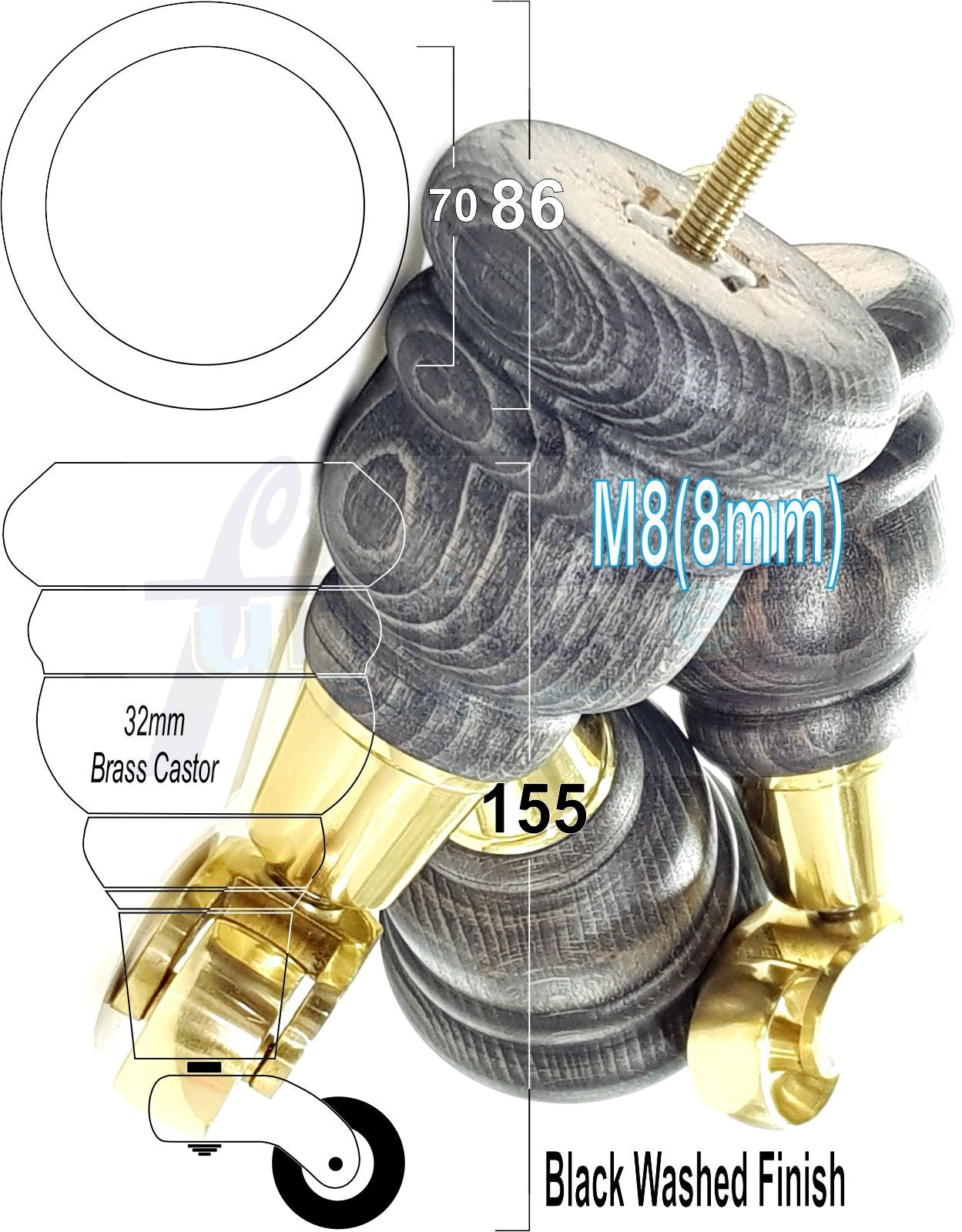 4 Turned Wood Furniture Feet With Brass Castors 155mm Legs Sofas Chairs Stools Cabinets Beds M8 6 Inches