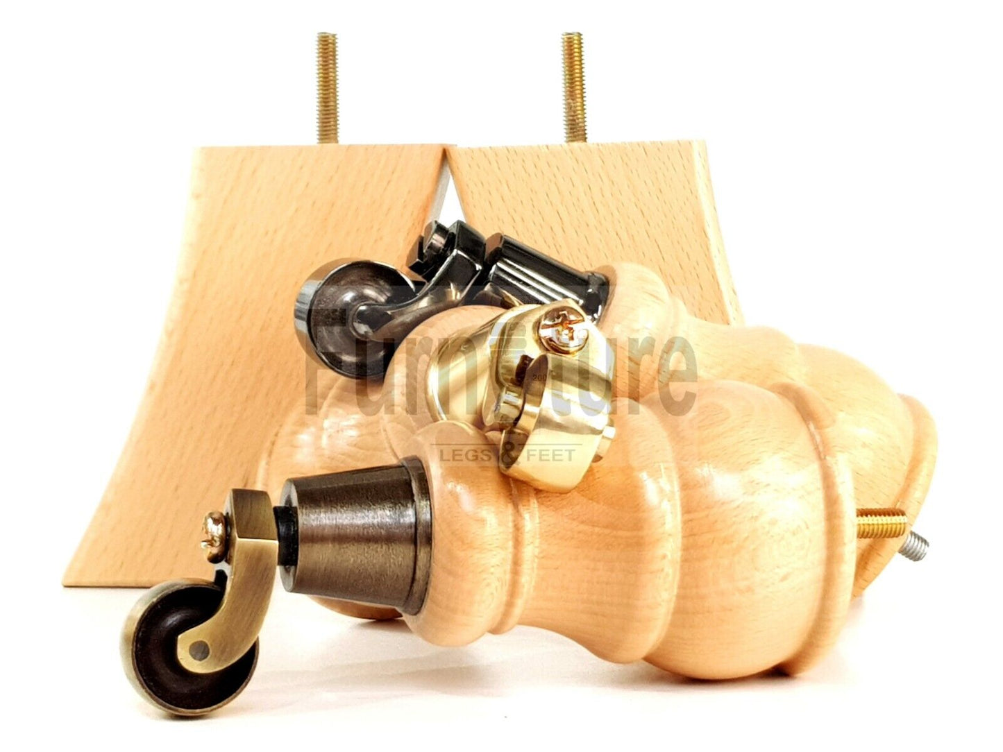 2 Wooden Castor Furniture Sofa Legs & 2 Curved Back Feet  Natural M8 Chair Settee Feet 160mm High