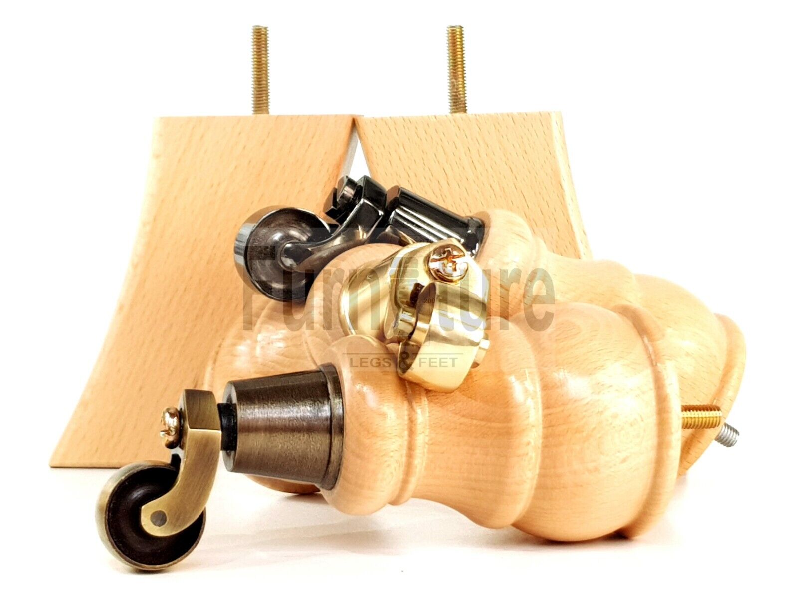 2 Wooden Castor Furniture Sofa Legs & 2 Curved Back Feet  Natural M8 Chair Settee Feet 160mm High