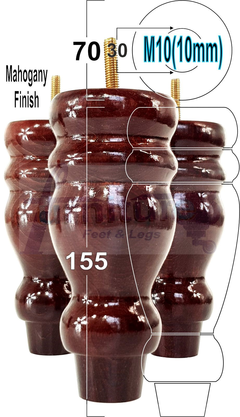 Set Of 4 Turned Wood Furniture Legs Replacement Sofa, Chair Feet 155mm High M10 Tread