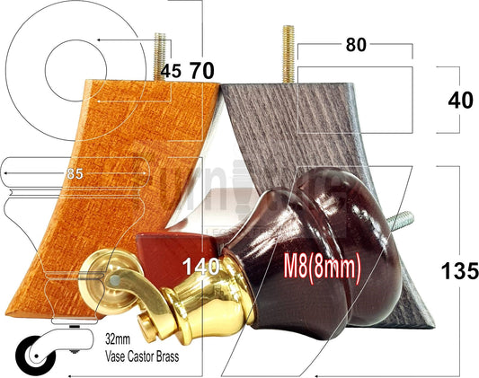 Turned Wood Furniture Feet 2 With Brass Castors 140mm & 2 Curved Back Legs Sofas Cabinets Beds 8mm Thread