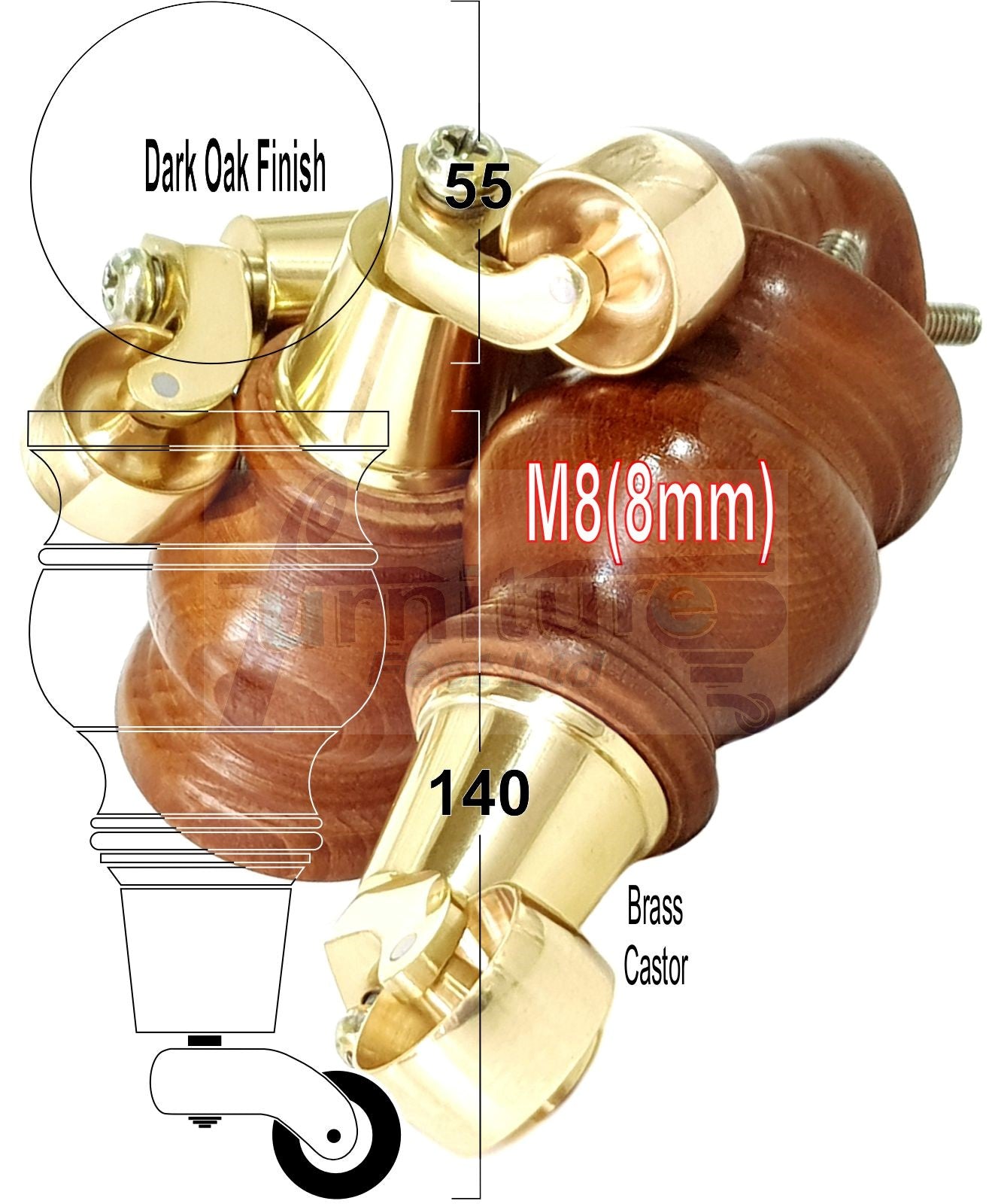 Set Of 4 Turned Wood Furniture Legs With 150mm High Castor 8mm Thread For Chairs Settees & Cabinets Dark Oak Finish