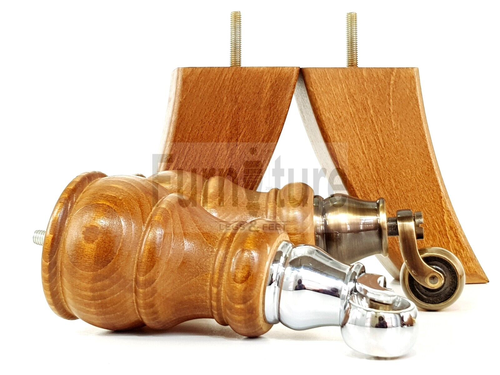 2 Wooden Castor Furniture Sofa Legs & 2 Curved Back Feet  Dark Oak Stain M8 Chair Settee Feet 160mm High