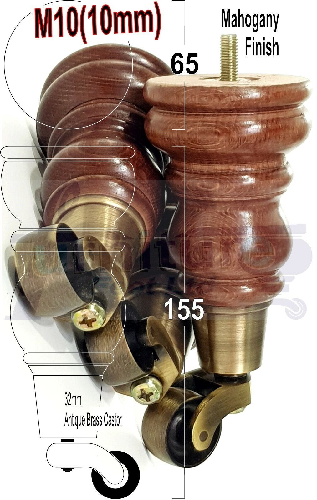 4 Turned Solid Beech Wood Furniture Legs with Castor Replacement Sofa Feet 155mm High M10 Threaded Dowl Fix