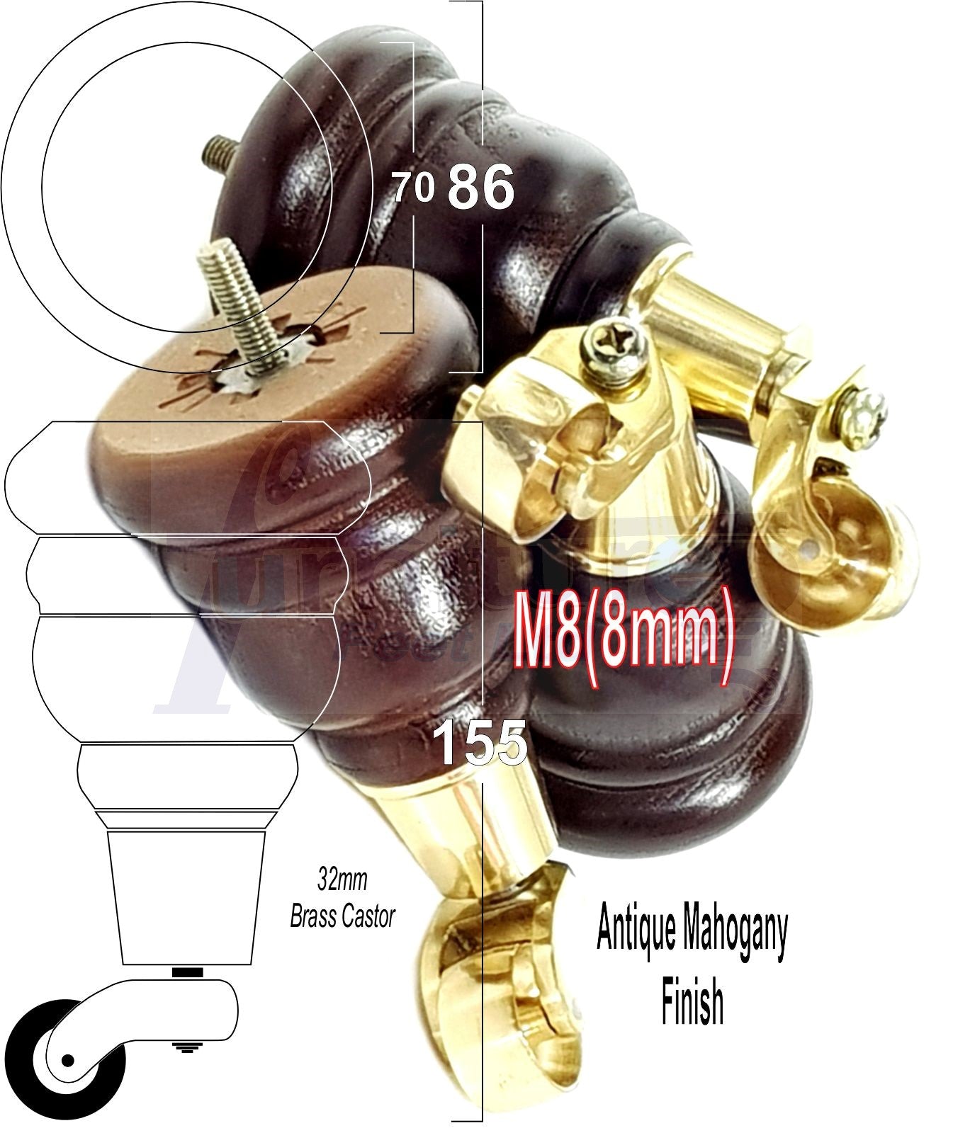 4 Turned Wood Furniture Feet With Brass Castors 155mm Legs Sofas Chairs Stools Cabinets Beds M8 6 Inches