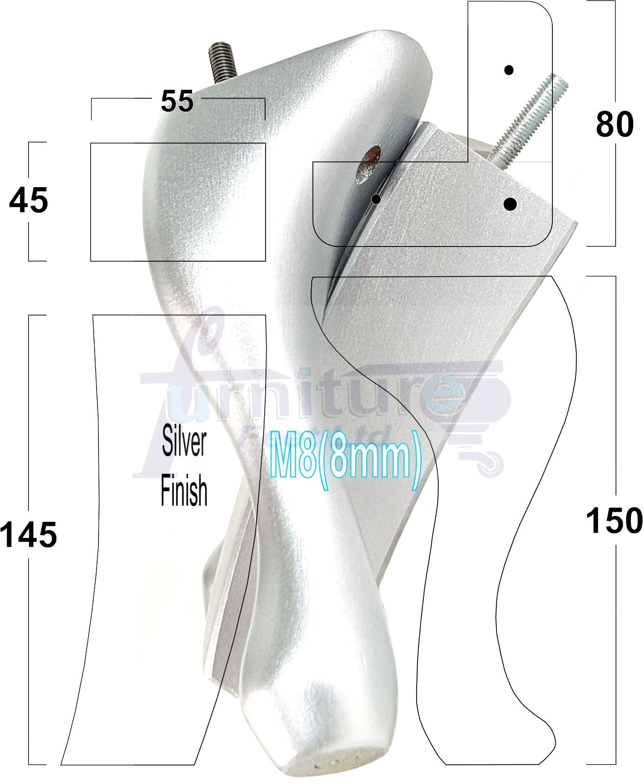 2x Vintage Queen Anne Replacement Furniture Legs & 2x Curved Back Feet 150mm 6 Inch High 8mm Thread