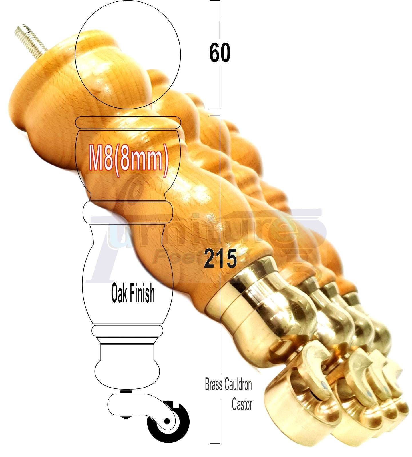 Solid Wood Furniture Feet With Castors Set of 4 Legs 205mm High For Sofas Chairs Stools Cabinets & Beds M8