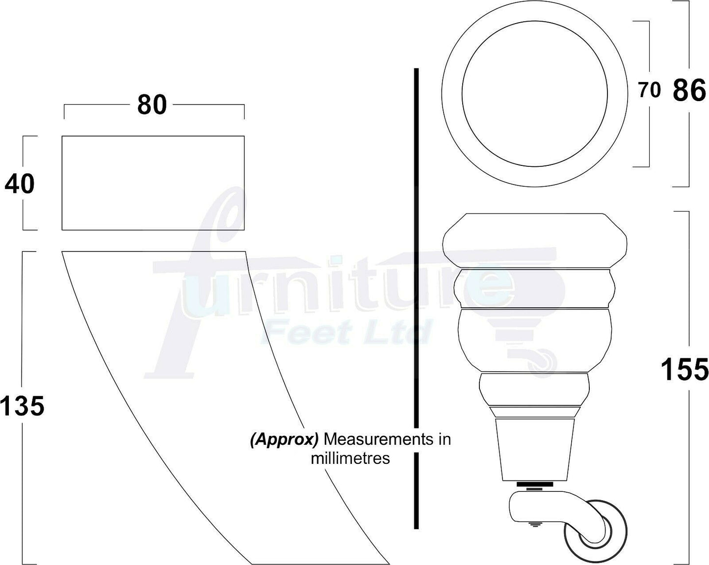 Turned Natural Wood Furniture Feet 2 With Castors 155mm and 2 Curved Back Legs Sofas Chairs Stools Cabinets Beds M8 6 Inches