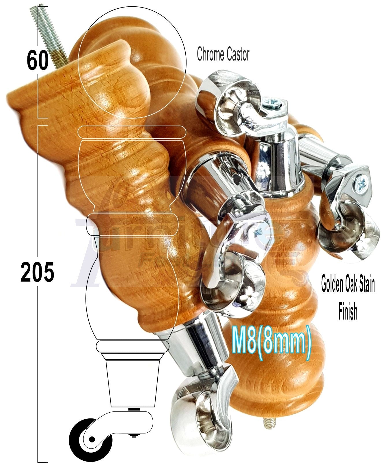 Solid Wood Furniture Feet With Castors Set of 4 Legs 205mm High For Sofas Chairs Stools Cabinets & Beds M8