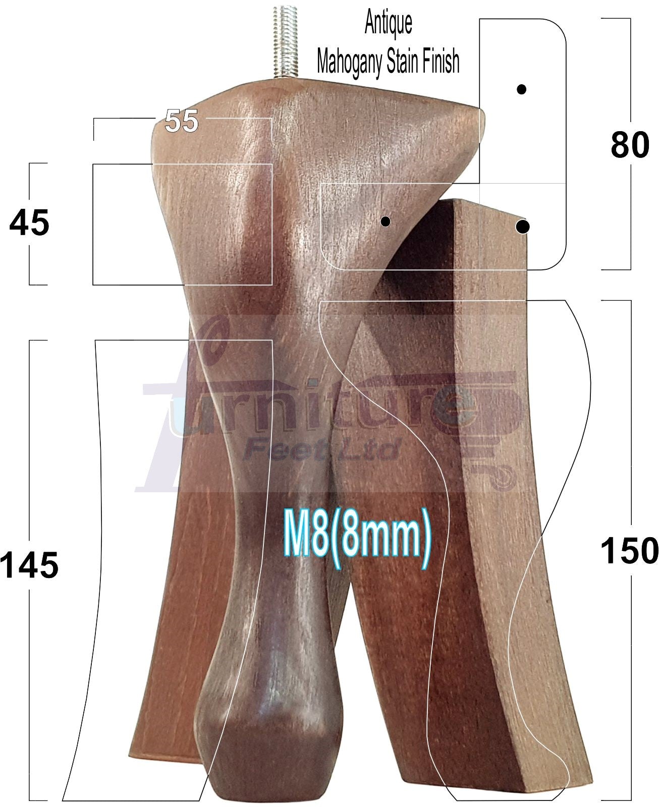 2x Vintage Queen Anne Replacement Furniture Legs & 2x Curved Back Feet 150mm 6 Inch High 8mm Thread