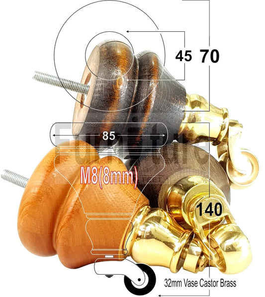 Set Of 4 Turned Furniture Wood Feet With Brass Castors 140mm Sofas Chairs Settee Cabinets Beds M8(8mm)