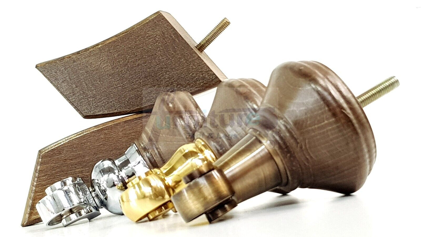 2 Antique Brown Stain Wood Furniture Sofa Feet With Castor 125mm & 2 Curved Legs Chair Settee 100mm High M8