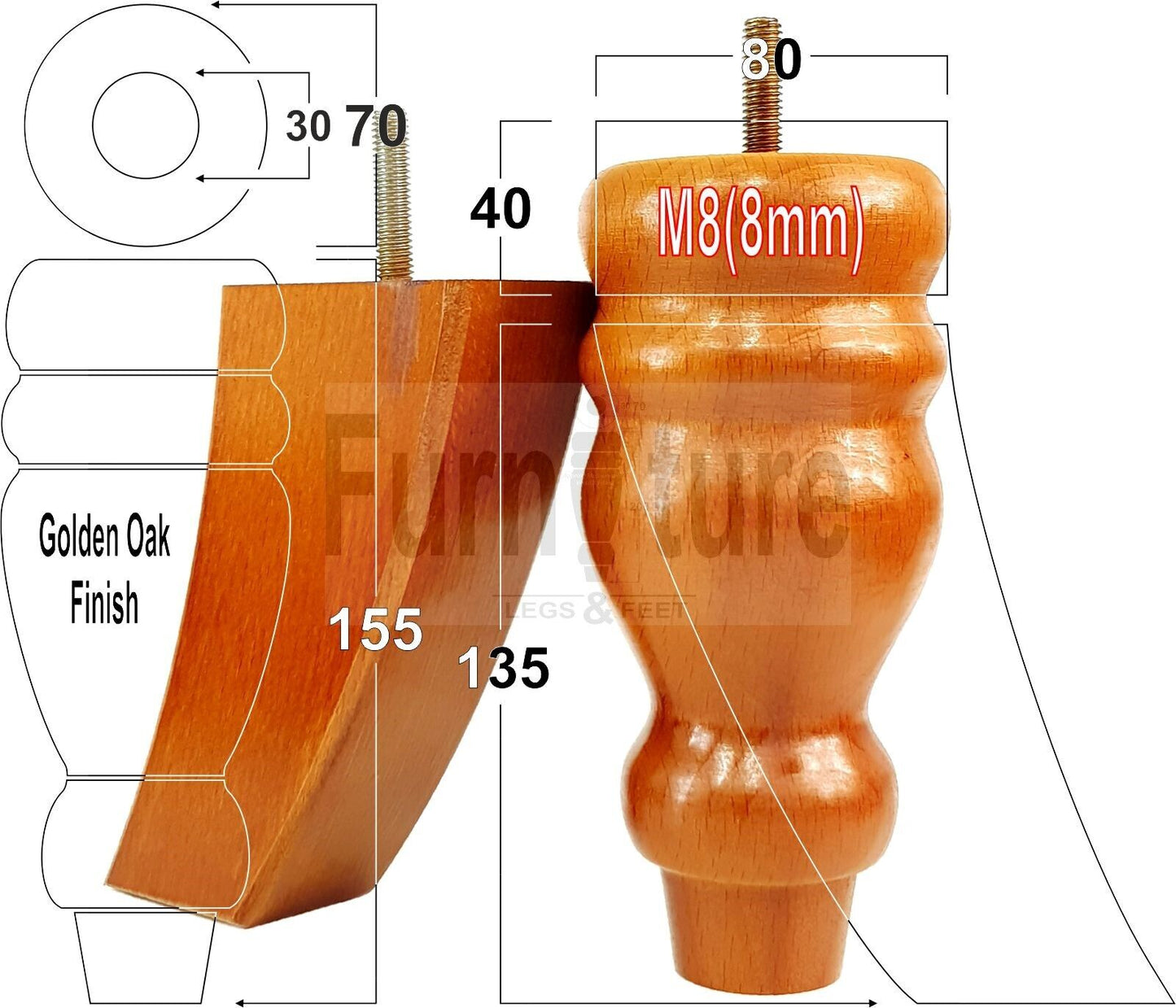 2x Turned Wood Furniture Feet 155mm and 2 Curved Back Legs Sofas Chairs Beds M8 Thread 6 Inches