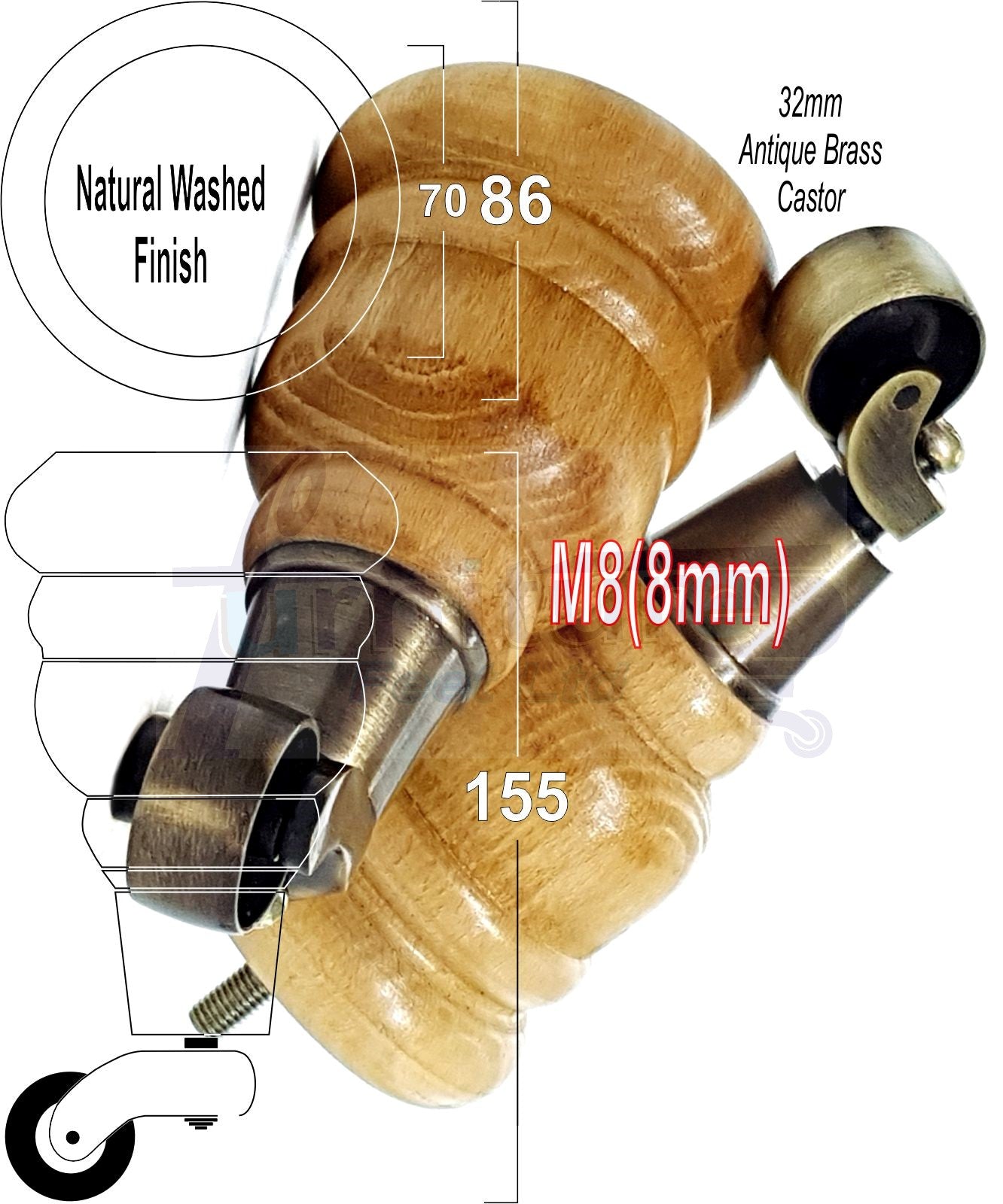 4 Turned Wood Furniture Feet With Antique Brass Castors 155mm Legs Sofas Chairs Stools Cabinets Beds M8 6 Inches