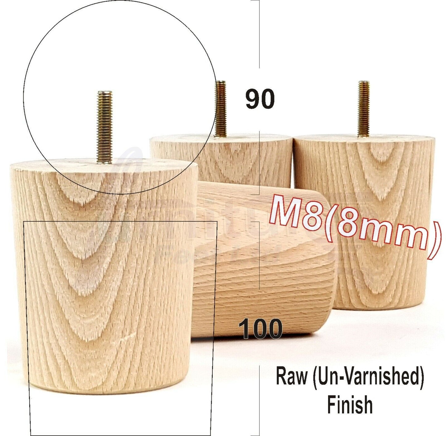 4x Turned Wood Furniture Legs Chair Sofa Bed M8 Replacement Settee Feet 100mm