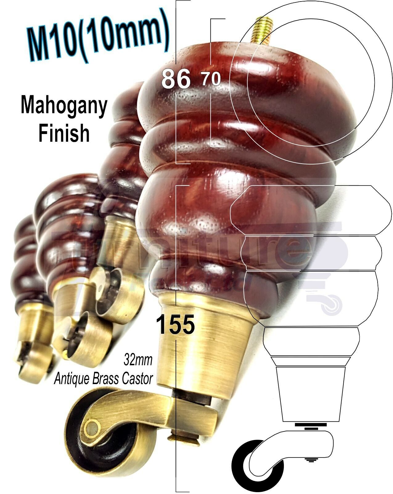 4 Mahogany Turned Wood Furniture Feet With Castors 155mm Legs Sofas Chairs Stools Cabinets Beds M10 6 Inches