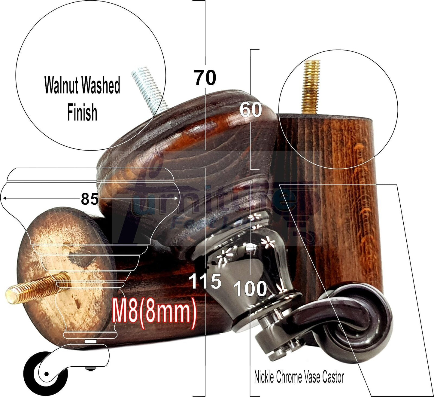 2 Dark Walnut Washed Wood Furniture Sofa Legs With Castor 125mm & 2 Angled Back Feet Chair Settee 100mm High M8