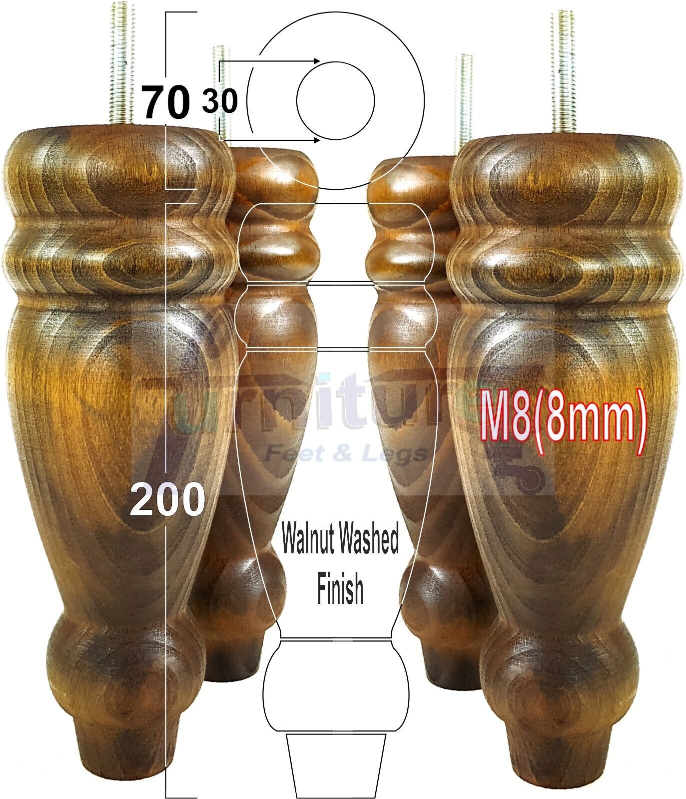 Set Of 4 Turned Furniture Legs Replacement Sofa Feet 200mm High M8 Thread